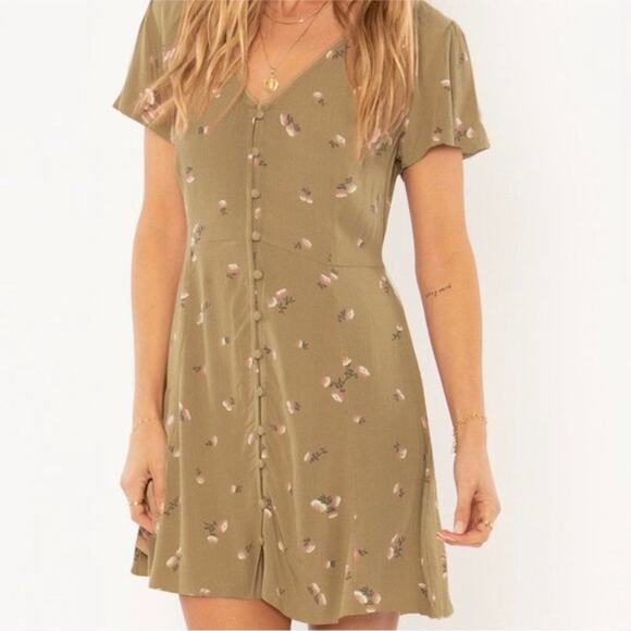 Amuse Society Yours to Keep Tan Light Brown Floral Crinkle Button Up Mini Dress - Picture 1 of 12